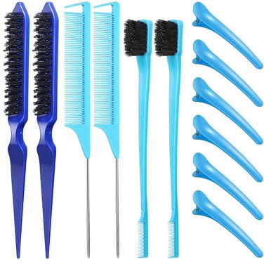 Remerry Hair Brush Set, 12 Pieces Nylon Brushes for Women &amp; Girls - Including 3 Row Salon Teasing Brush, Double Sided Hair Edge Brush, Smooth Comb Grooming, Rat Tail Combs &amp; Duckbill Clips - Blue