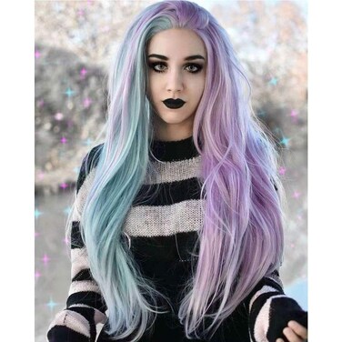 Lace Front Wigs Pink (Purple) and Blue 2 Colors Silky Long Straight Hair Christmas Festival Synthetic Wig for Women, Pre Plucked 24" Lace Wig with Natural Hairline and Baby Hair