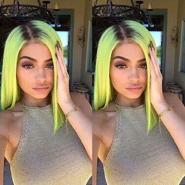 Kalisa Ombre Short Bob Wig Neon Green Lace Front Bob Wigs for Women Synthetic Green Bob Wig with Dark Roots Heat Resistant Fiber Cosplay Drag Queen Shoulder Length Bob Wig