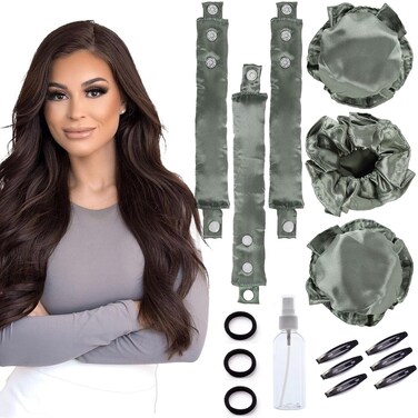 3 Sets Satin Heatless Curlers to Sleep in Bun Bons Heatless Curling Set Silk Harmless Hair Curls Rollers with Bonnet Cap Soft Overnight Curls Blowout Rods No Heat Headband Wrapper Green