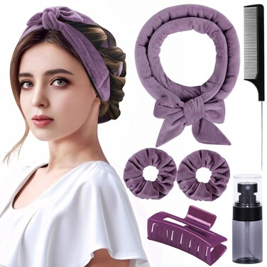 Hair Curlers to Sleep in No Heat Curling Rod Headband For Long Hair Overnight Heatless Curls For Women velvet Hair Rollers, Bottle, Hair Clips, Scrunchie, Rat-tail Comb (Purple)
