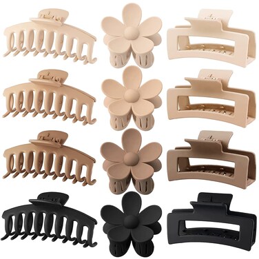 12 Pack Large Flower Matte Claw Clips 4.3 Inch Rectangle for Women Thin Thick Curly Hair, Banana Clips Strong Hold jaw clips, 3 Styles, Neutral Colors