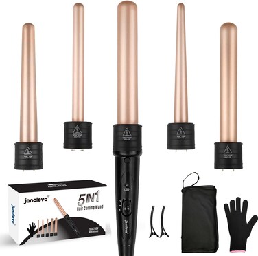 janelove 5 in 1 Wand Curling Iron Set, Ceramic Hair Curling Iron(0.35&rdquo;-1.25&rdquo;), Hair Curler for All Hairstyle, with Adjustable Temperature Dual Voltage, Instant Heat up, with Glove &amp; 2 Hair Clips(Gold)