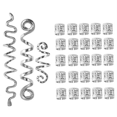 28 Pieces Hair Accessory Set: Spiral Coils, Dreadlock Beads, Braids Rings, Clips, Metal Cuffs, Loc Hair Jewelry, Hair Wraps, Snake Hair Clips for Women and Girls (Silver)