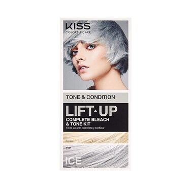 KISS Lift Up Complete Hair Bleach &amp; Icy Silver Toner Kit, Gentle Conditioning Formula that Reduces Brassiness, Complete 6-Pc DIY Bleach Kit, ICE