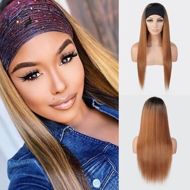 Headband Wig 28 Inch Straight Quick Wrap Headband Wig Long Straight Wigs for Black Women High Heat Resistant Synthetic Wigs HBW003 (28 Inch (Pack of 1), OT1B/27/30)