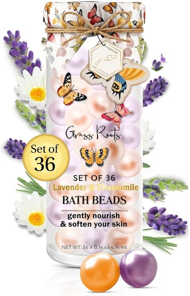 Grass Roots Bath Oil Beads Set of 36 - Lavender &amp; Chamomile Scented Bath Beads - Essential Oil Soaked Bath Pearls to Gently Nourish &amp; Soften Skin - Luxurious Bath Experience