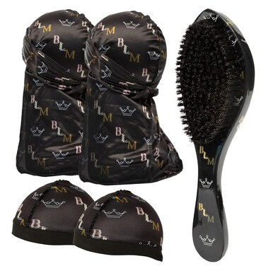Hair Brush Starter Bundle, Black, Boar Bristle Medium/Hard Wave Brush, Long Strap Wide Durag, Wave Cap - Perfect for 360, 540, 720 Waves