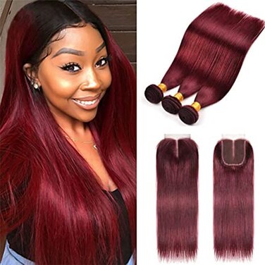 8A Brazilian Virgin Hair 99j Burgundy Straight Hair 100% Unprocessed Human Hair Weaves 3 Bundles with Lace Closure 4x4 Free Part Red Wine Color Weft Weaves (20 22 24 with 20C, 99j/burgundy/wine red)&hellip;&hellip;
