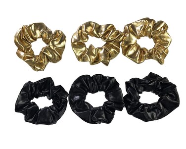6 Pack Black and Gold PU Leather Hair Scrunchies Scrunchy Bobbles Elastic Hair Bands Ties Hair Accessories Wrist Band Cosplay Show for Women Girls