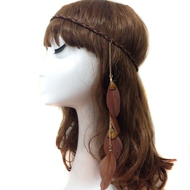 Fodattm Women Lady Bohemian Tassels Hairband Headwear Hippie Feather Headband Hair Hoop Handmade Indian Fascinator Headband Hair Bands Headdress Hair Accessories (Coffee)