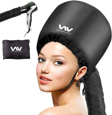 Bonnet Hood Hair Dryer Attachment Set - Soft Adjustable Hooded Bonnet for Hand Held Hair Dryer - Including Head Band for Drying Styling Curling Deep Conditioning