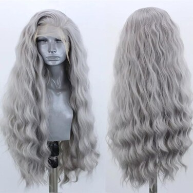 ELESTY Long Wavy Grey Hair Synthetic Lace Front Wig for Women Pree Part Loose Curly Glueless Lace Wig Natural Looking Heat Resistant Fiber Synthetic Lace Wig for Daily Cosplay Use