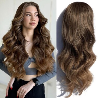 Half Wig 24 Inches Long Wavy Ombre Brown to Blonde Wig Clip in Half Head Synthetic Fibers Wigs Hair Extensions for Women Quick Weave Self Styled in 60 Seconds Half Wigs