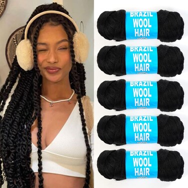 Brazilian Wool Yarn Hair for Braiding, 5 Pack, Acrylic Yarn Extensions for Crochet, Senegalese Twists, Box Braids, and Faux Locs, Black