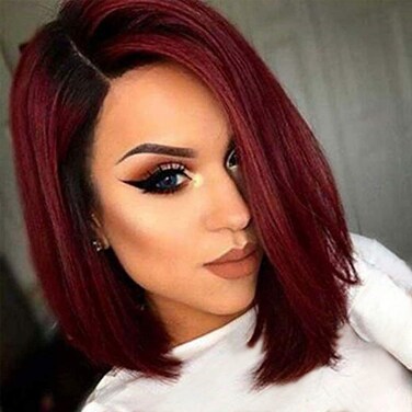 Red Ombre Short Bob Straight Synthetic None Lace Hair Wigs Dark Roots Left Part for Women Black &amp; Burgundy(#1B/99J)