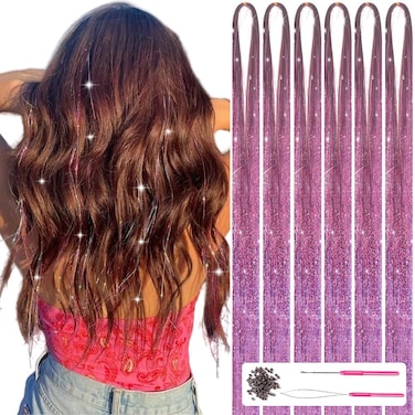 Hair Tinsel with Tools 47Inch 1200 Strands Hair Tinsel Kit Glitter Hair Extensions Sparkling Shiny Hair Extensions Fairy Hair Tinsel Strands Kit Heat Resistant for Women Girls 6Pcs (Pink)