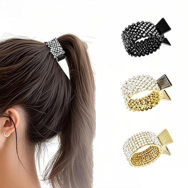 Rhinestone Hair Clips - 3-Pack High Ponytail Barrettes, Spring Clips, Hair Claws &amp; Cuffs for Women's Thick/Thin Hair Accessories
