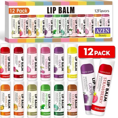 AZEN 12 Pack Lip Balm, Natural Lip Balm Bulk, Lip Care Product, Moisturizing Lip Balm for dry cracked lips - 12 Flavors