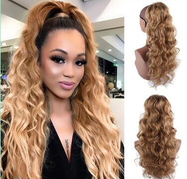 CINHOO 24Inch Long Ponytail Extension Body Wavy Blonde Drawstring Ponytail for Black Women Clip in Ponytail Extension Synthetic Curly Wavy Pony Tail Hair Piece for Women Gold mixed Brown Ponytail