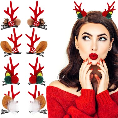 Antler Hair Clip 4 Pairs Cute Reindeer Hair Barrettes Alligator Deer Horn Hairclips and Ears Hair Pins for Christmas Party (Red)