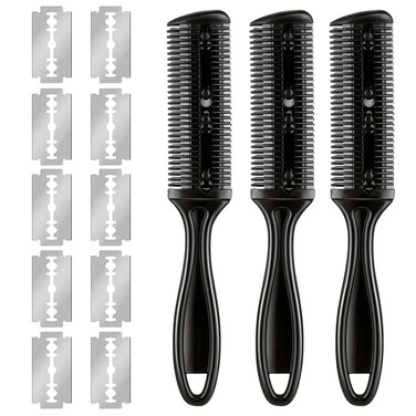 3 Pieces Razor Comb with 10 Pieces Razors, Hair Razor Combs Double Edge Hair Cutting Comb with 10 Stainless Steel Blade, Hair Thinning Comb Slim Haircuts Cutting Tool