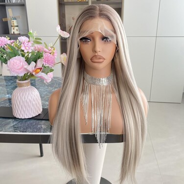 Ash Blonde Wigs with Brown Highlight Ombre Dark Root 13x4 Lace Front Wig Long Silk Straight Pre Plucked Synthetic Fiber Piano Color 24Inch for Women Girls