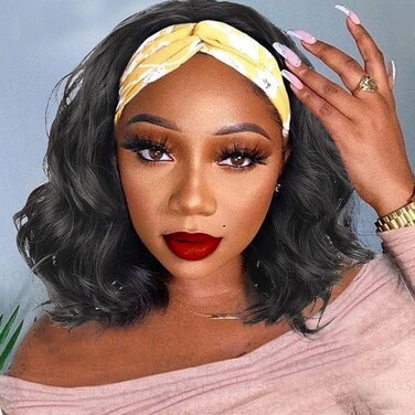 LEOSA Body Wave Headband Wig Loose Deep Wave Wig for Black Women Short Bob Body Wave Headwrap Wig Non Lace Front Wigs Glueless Machine Made Synthetic Headband Wig 12 Inch