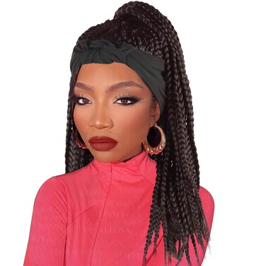 LEOSA Braid Headband Wig Brown Braided Wigs for Black Women Synthetic Box Braid Wig with Headband Attached Cornrow Braided Hair Head Wrap Wig