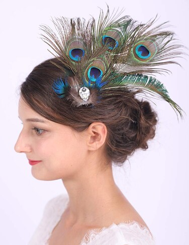 Bridal Feather Hair Clip Peacock Feather Fascinator Feather Brooch for Wedding Prom Festival Party 20s Flapper Headpiece for Women and Girls