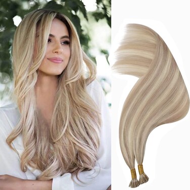 Highlight Blonde I Tip Hair Extensions Human Hair, 14 Inch Keratin Cool Fusion Remy Hair Extensions Mixed Ash Blonde 50Strands/50G Silky Invisible Soft Microlink Extensions For Women #18P613