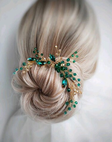 Denifery Bridal Hair Pin Emerald Gold Hair Piece Emerald Hair Clip Gold Green Hairpin Emerald Headpiece Gold Wedding Hair Accessories