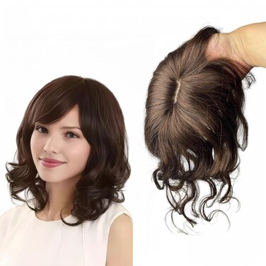 Curly Wavy Human Hair Topper for Women Clip in Human Hairpieces with 3D Bangs Fringe Hair Extensions 35cm Mid Part Hair Toupee (Dark Brown)