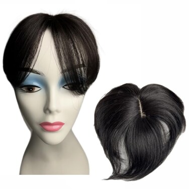 100% Human Hair Topper for Short Hair Wowen 15cm Mini Straight Clip in Hair Bangs Fringe for Thinning Hair (1B)
