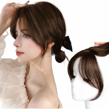 Natural Human Hair Bangs Side Fringe for Women 3D Middle Part False Bangs Clip-in Extensions Invisible Hairpieces Human Hair Topper (Brown)