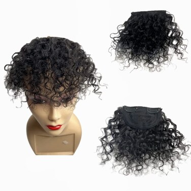 100% Human Hair Bangs Afro Curly Fringe Hair Bangs Fluffy Kinky Curly Human Hairpieces for Black Women Clip in on Hair Extensions (Natural Black)
