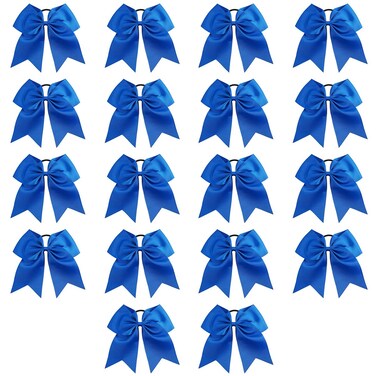 Cheer Bows, Caenagrion 18 PCS 8" Large Blue Cheer Hair Bows Ponytail Holder Elastic Band Handmade for Cheerleaders Teen Girls College Sports (Blue)