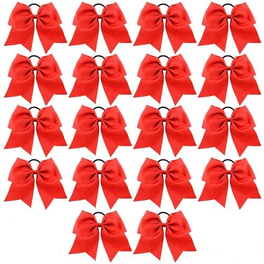Cheer Bows, Caenagrion 18 PCS 8" Large Red Cheer Hair Bows Ponytail Holder Elastic Band Handmade for Cheerleaders Teen Girls College Sports (Red)