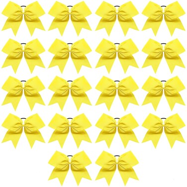 Cheer Bows, Caenagrion 18 PCS 8" Large Yellow Cheer Hair Bows Ponytail Holder Elastic Band Handmade for Cheerleaders Teen Girls College Sports (Yellow)