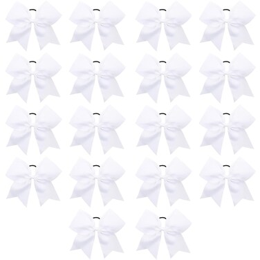 Cheer Bows, Caenagrion 18 PCS 8" Large White Cheer Hair Bows Ponytail Holder Elastic Band Handmade for Cheerleaders Teen Girls College Sports (White)