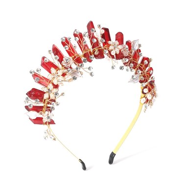 Bubbmi Christmas Red Raw Crystal Headband with Pearl Rhinestone, Handmade Tiara Crown Quartz Rhinestone Headwear for Bride Women Girls (RED)