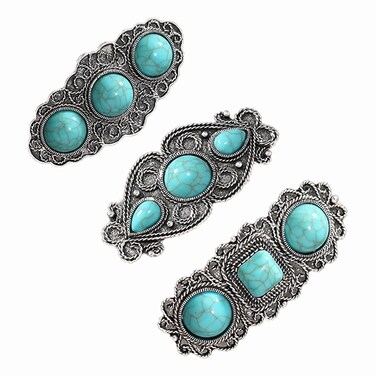 Turquoise Decorative Hair Barrettes for Women 3 PCS Western Sliver Hair Clips 2.36 Inch Metal Hair Barrette Accessories