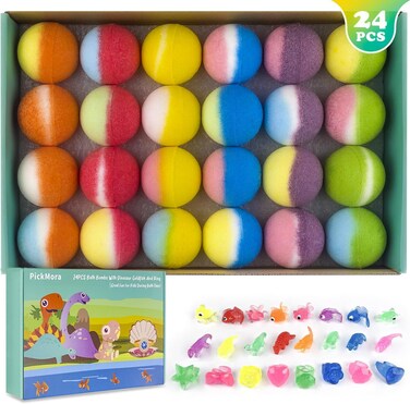 24PCS Bath Bombs For Kids with Floating Cute Toys Inside - Dinosaur, Ring, and Goldfish, Surprise Bubble Bath Fizzy Ball with Natural Organic Essential Oil, Spa Gift Set for Party, Christmas, Birthday