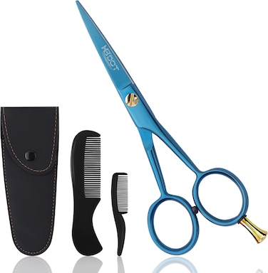 Professional Mustache Scissors, 5 Inches Black Mustache Beard Scissors, German Stainless Steel Beard Scissors for Men with Case, 2 Combs (Blue Shine)