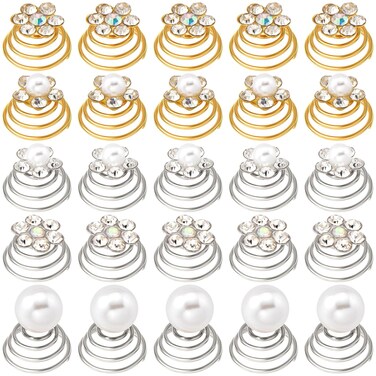 OIIKI 25PCS Rhinestone Pearl Spirals Hair Clips, Sparkle Crystal Flower Pearl Coil Hair Jewelry Clips, Hair Decorative Accessories for Bridal, Bridesmaid Flower Wedding Party Prom (5 Styles)