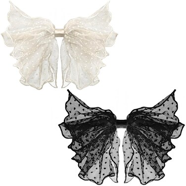 OIIKI 2 Pack Korean-Style Lace Mesh Barrette Hair Clips, Breathable Flower Dot Clips for Wedding, Party, Valentine's Day (Black, White)