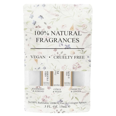 100BON 100% Natural Fragrances Vegan Cruelty Free Refillable Cologne Sprays Set, 3 x 0.5 fl oz - Raspberry &amp; Almond, Citrus &amp; Wood, Fresh Tea &amp; Ginger