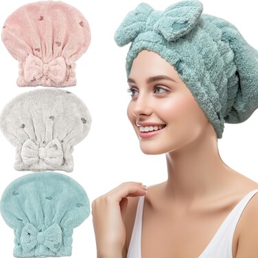 Jseng 3Packs Microfiber Hair Towel for Women - Quick-Drying, Super Absorbent Hair Wrap with Bow Design, Soft Hair Towel Turban for Curly Long Wet Hair