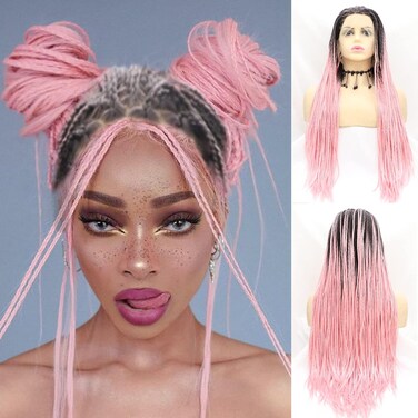 Pink Braid Lace Front Wigs Synthetic Hair Realistic Long Black Ombre Peach Pink Braided Wigs for Black Women Heat Resistant Fiber Hair Replacement Wigs Drag Queen Cosplay Party Braids Wigs 26 Inch