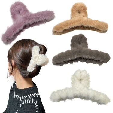 4 PACK Hair Claw Clips, 4.3 inch Plush Hair Clips, Large Fur Hair Catch, Hair Gippers for Women Half Bun Hairpins for Daily,Parties, 4 Count (Pack of 1)